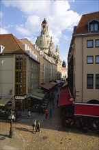 GERMANY, Saxony, Dresden, The restaurant and bar lined Munzgasse street with tourists leading to