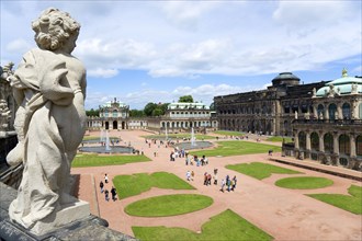 GERMANY, Saxony, Dresden, The central Courtyard of the restored Baroque Zwinger Palace gardens busy