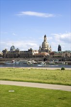 GERMANY, Saxony, Dresden, The city skyline with cruise boats moored on the River Elbe in front of