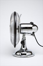 Weather, Environment, Control, Stainless Steel Retro desk or table electric cooling fan on a white