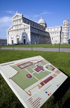 ITALY, Tuscany, Pisa, Campo dei Miracoli or Field of Miracles with a map guide on the grass of the