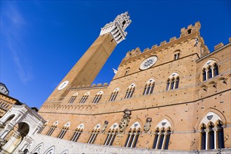 ITALY, Tuscany, Siena, The Torre del Mangia campanile belltower and facade of the Palazzo Publico