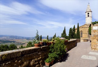 ITALY, Tuscany, Pienza, Val D'Orcia The belltower of the Duomo built in 1459 by the architect