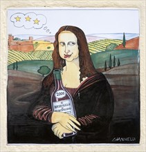 ITALY, Tuscany, Montalcino, Val D'Orcia Painted wall tile of a woman after the Mona Lisa in the