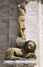 ITALY, Tuscany, San Quirico D'Orcia, One of the caryatid or zoomorphic columns of the portale di