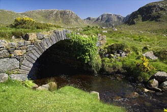 IRELAND, County Donegal, The Poisoned Glen, A stream runs under an old style stone bridge with the