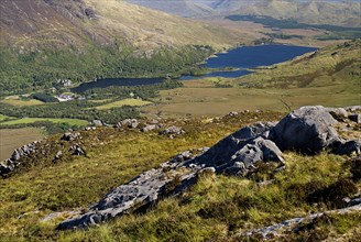 IRELAND, County Galway, Connemara, Diamond Hill, view of Kylemore Abbey and Kylemore Lough from