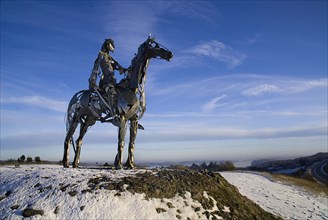 IRELAND, County Roscommon, Boyle, the Chieftain sculpture near Boyle with Lough Key in the