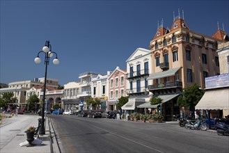 GREECE, North East Aegean, Lesvos, Mitilini, View of main street Kountouriotou by the sea with its