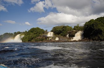 VENEZUELA, Bolivar State, Canaima National Park, Canaima Village, three waterfalls that feed into