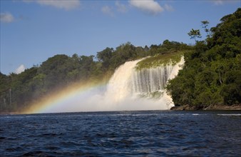 VENEZUELA, Bolivar State, Canaima National Park, Canaima Village, waterfalls feeding into Canaima