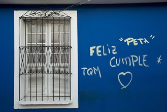 VENEZUELA, Bolivar State, Ciudad Bolivar, blue wall with graffiti words in Spanish and the symbol