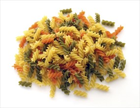 FOOD, Pasta, Dried, Various coloured fusilli pasta shapes.