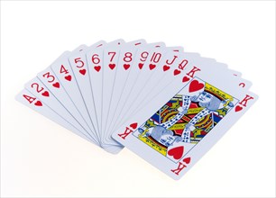 Toys, Games, Playing Cards, Cards in the suit of hearts fanned out in numerical order against a