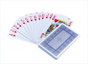 Toys, Games, Playing Cards, Cards in the suit of hearts fanned out in numerical order with the