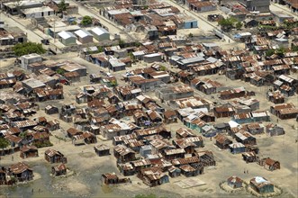 Haiti, Isla de Laganave, Aerial view of slum buildings made from corrugated steel.