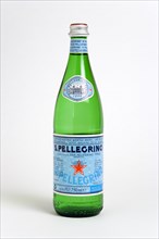 Drinks, Cold, Water, Glass bottle of Pellegrino sparkling mineral water against a white background.