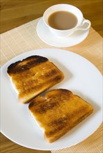 Food, Cooked, Bread, Table setting of two slices of buttered toast on a plate beside a cup of tea