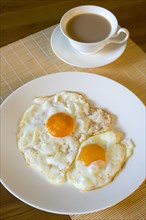 Food, Cooked, Meals, A breakfast table setting of two fried eggs on a plate beside a cup of tea in