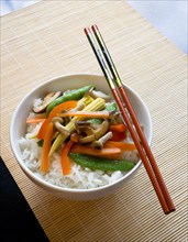 Food, Cooked, Vegetables, Stir fried vegetables and plain boiled rice in a bowl with chopsticks