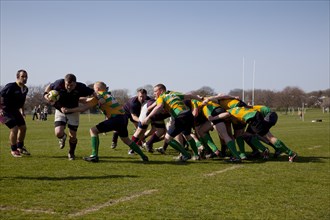 England, West Sussex, Shoreham-by-Sea, Rugby Teams playing on Victoria Park playing fields.