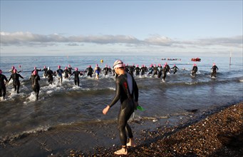 England, West Sussex, Goring-by-Sea, Worthing Triathlon 2009, women at the start of the swim