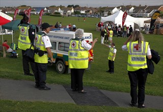 England, West Sussex, Goring-by-Sea, Worthing Triathlon 2009, first aid ambulance and medical staff