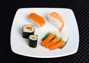 Food; Sushi; Meal; Sushi plate with rice wrapped in seaweed and seafood and fish selection.