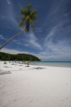 Malaysia, Pulau Perhentian Kecil, Terengganu, Beach scene with a coconut tree and colourful