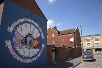 Ireland, North, Belfast, Donegall Pass, Loyalist poltical mural depicting the Young Conquerors