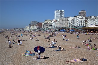 England, East Sussex, Brighton, people sunbathing on the pebble beach.