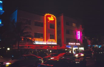 Miami, Florida, USA. South Beach Ocean Drive Art Deco buildings at night Boulevard & Starlite