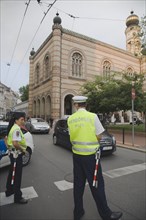 Budapest, Pest County, Hungary. Hungarian traffic police wearing high visability jackets on road
