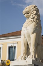 Samos Island, Northern Agean, Greece. Vathy. Lion statue in Pythagoras Square set up in 1930 to