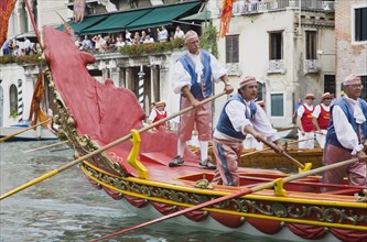 Venice, Veneto, Italy. Participants in the Regatta Storico historical annual regatta wearing