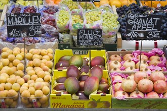 Vienna, Austria. The Naschmarkt. Display of fresh fruit for sale including apricots grapes and