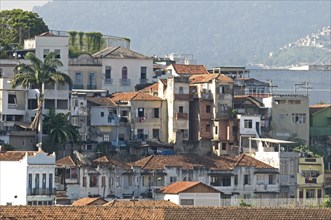 Rio de Janeiro, Brazil. Saude downmarket neighbourhood. Traditional clay tile roofs and washing