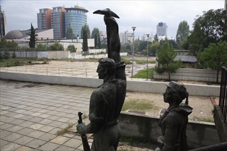 Tirana, Albania. Statue of communist worker holding pickaxe. Albanian Shqip‘ria Southern Europe