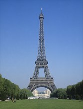 Paris, Ile de France, France. Eiffel Tower from the Parc du Champs de Mars. France French Europe