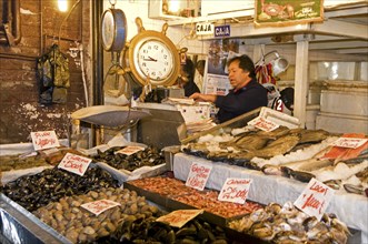Santiago, Chile. Mecardo Central. Shellfish fresh fish and octopus on sale with prices clearly