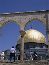 Jerusalem, Israel. Dome of the Rock Mosque part framed by double archway. Blue Sky Sunny Tour