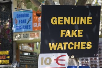 Selcuk, Izmir Province, Turkey. Ephesus. Sign advertising Genuine Fake Watches and ten Euro price