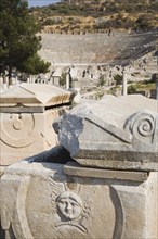 Selcuk, Izmir Province, Turkey. Ephesus. Masonry ruins with face carved in bas-relief and