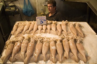 Athens, Attica, Greece. Central Market Fresh squid displayed on stall with male shopkeeper standing