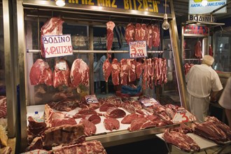Athens, Attica, Greece. Central Market Display of meat on butchers stall in covered market. Greece