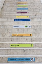 Vienna, Austria. Neubau District. Coloured signs giving directions on the steps of the Museum of