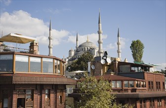 Istanbul, Turkey. Sultanahmet. Rooftop breakfast areas at boutique hotels with view to The Blue