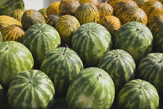 Kusadasi, Aydin Province, Turkey. Fresh green and yellow striped melons delivered to the head chef
