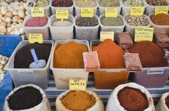 Kusadasi, Aydin Province, Turkey. Stall at weekly market selling spices and chili powders in