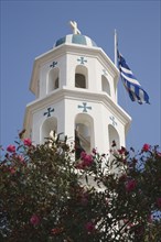 Samos Island, Northern Aegean, Greece. Vathy. White and turquoise Greek Orthodox Church bell tower